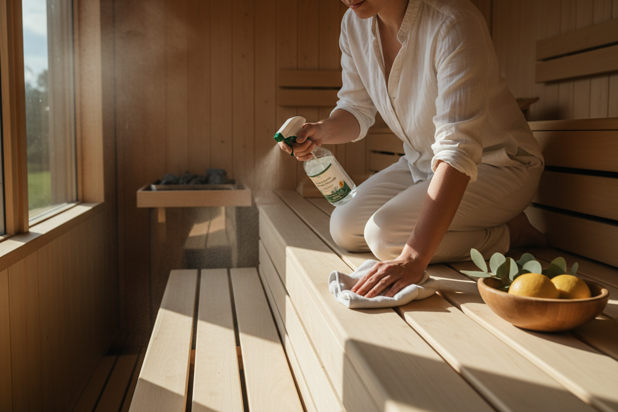 Person cleaning sauna benches with maintenance kit