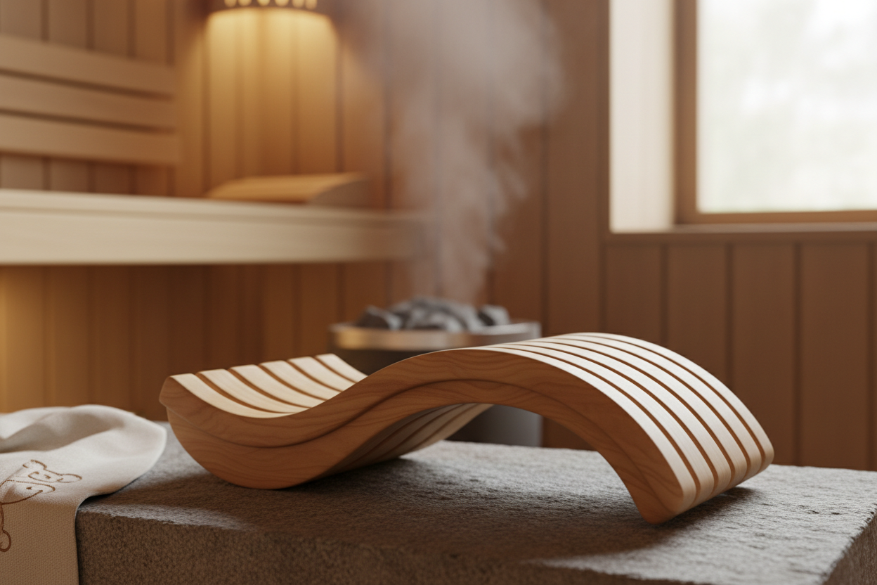 Ergonomic cedar wood sauna headrest with contoured neck support