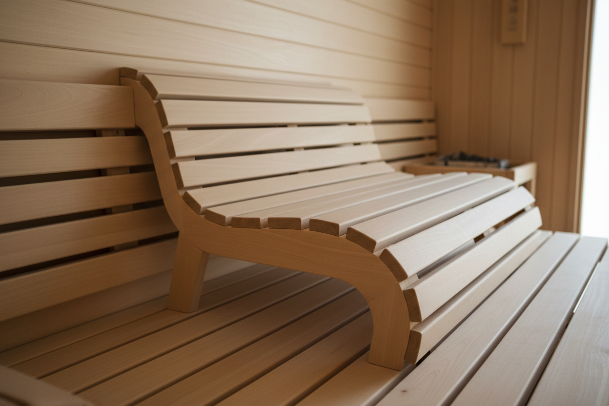 Sauna backrest mounted on bench showing contoured design