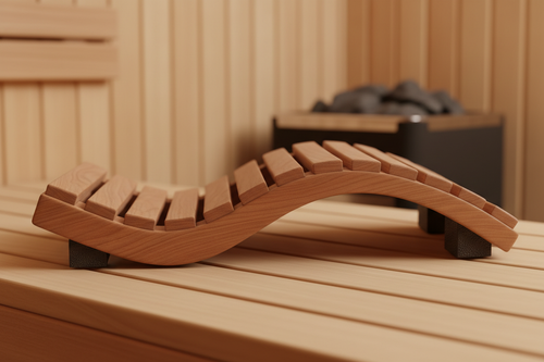 Sauna headrest on bench showing ergonomic contour