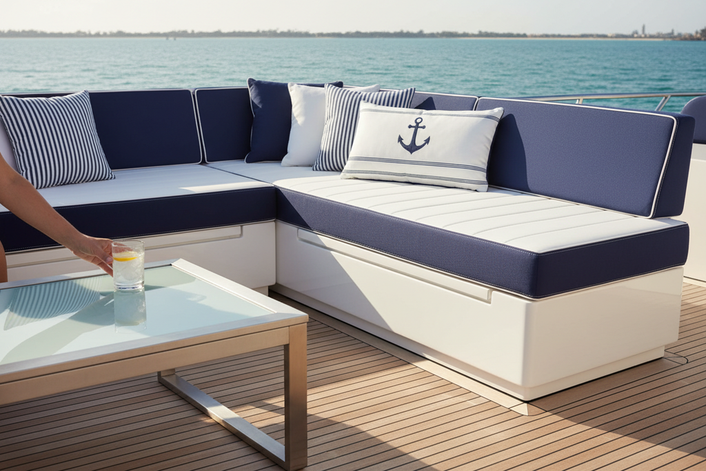 Marine-grade vinyl cushions on a luxury boat deck