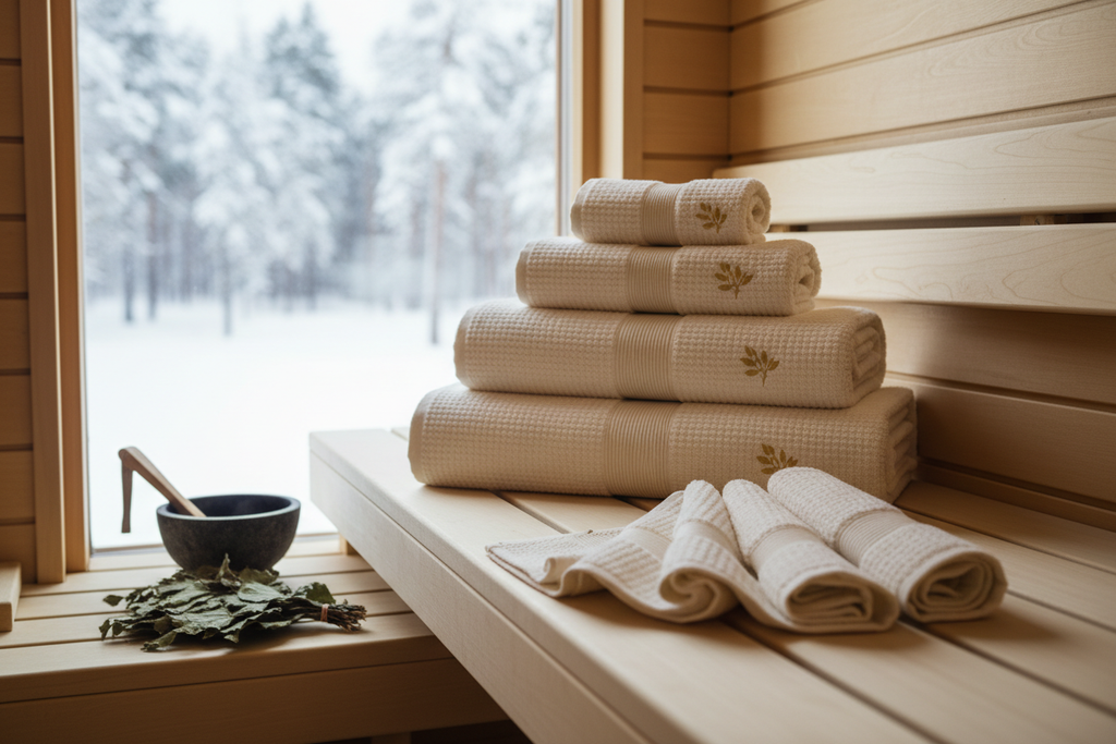 Luxury sauna towels arranged on wooden sauna bench
