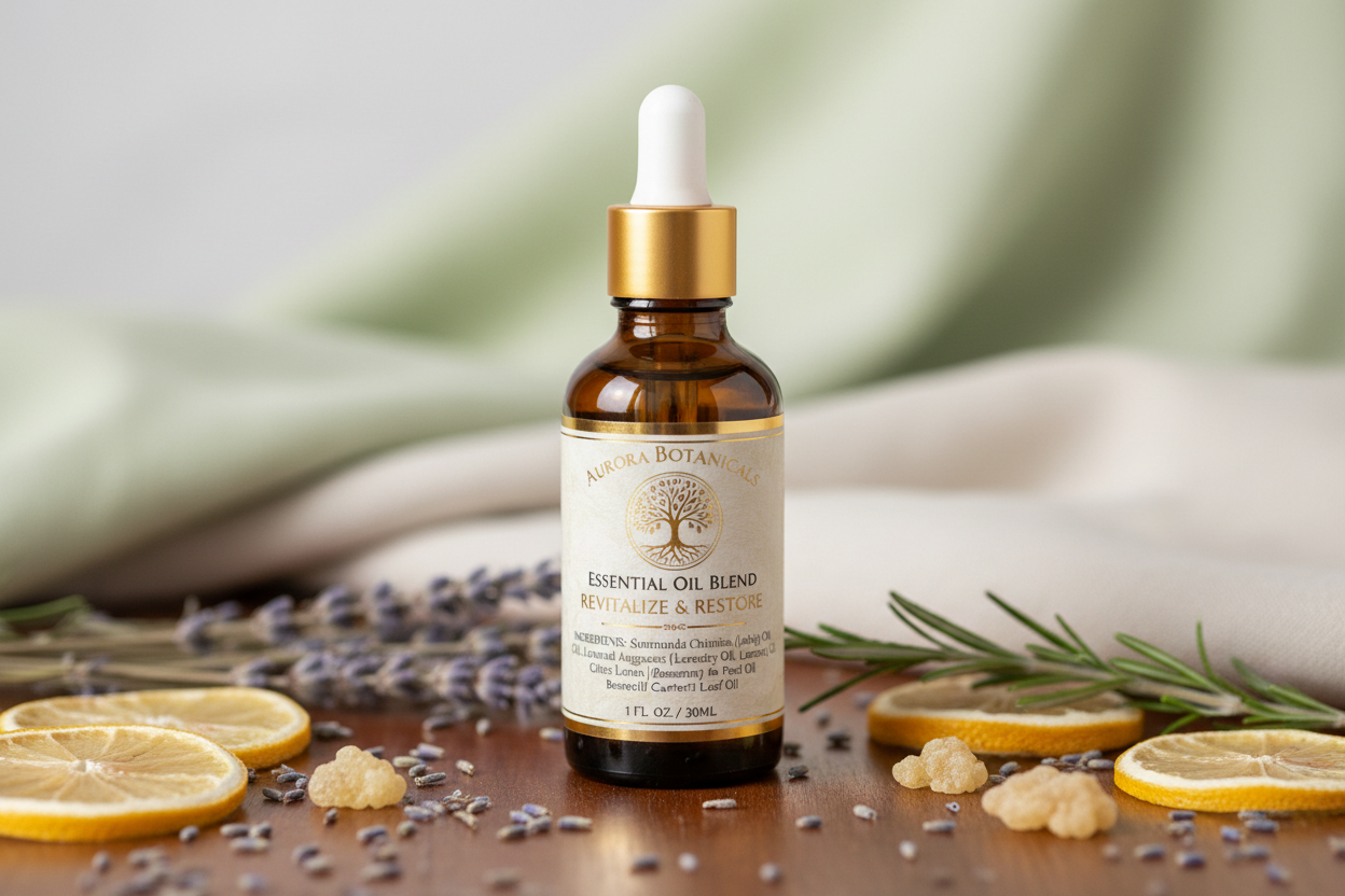 Close-up of essential oil bottle with dropper