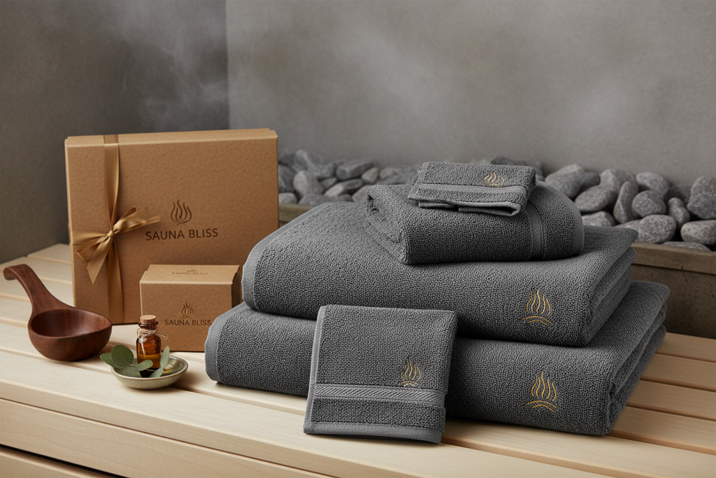 Complete 5-piece sauna towel set display