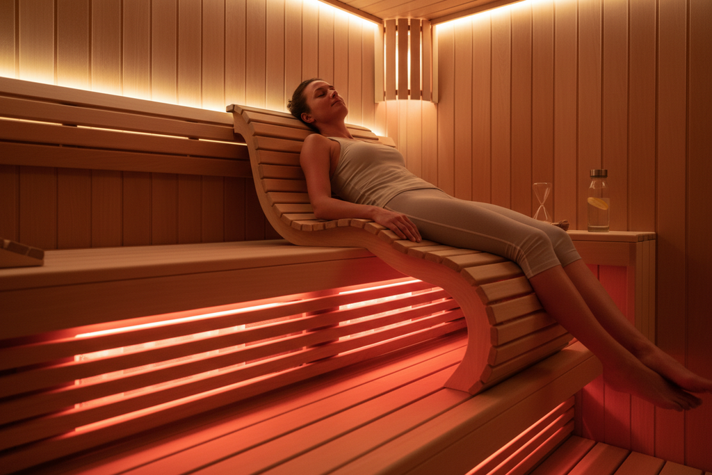 Person using sauna backrest for comfortable lumbar support