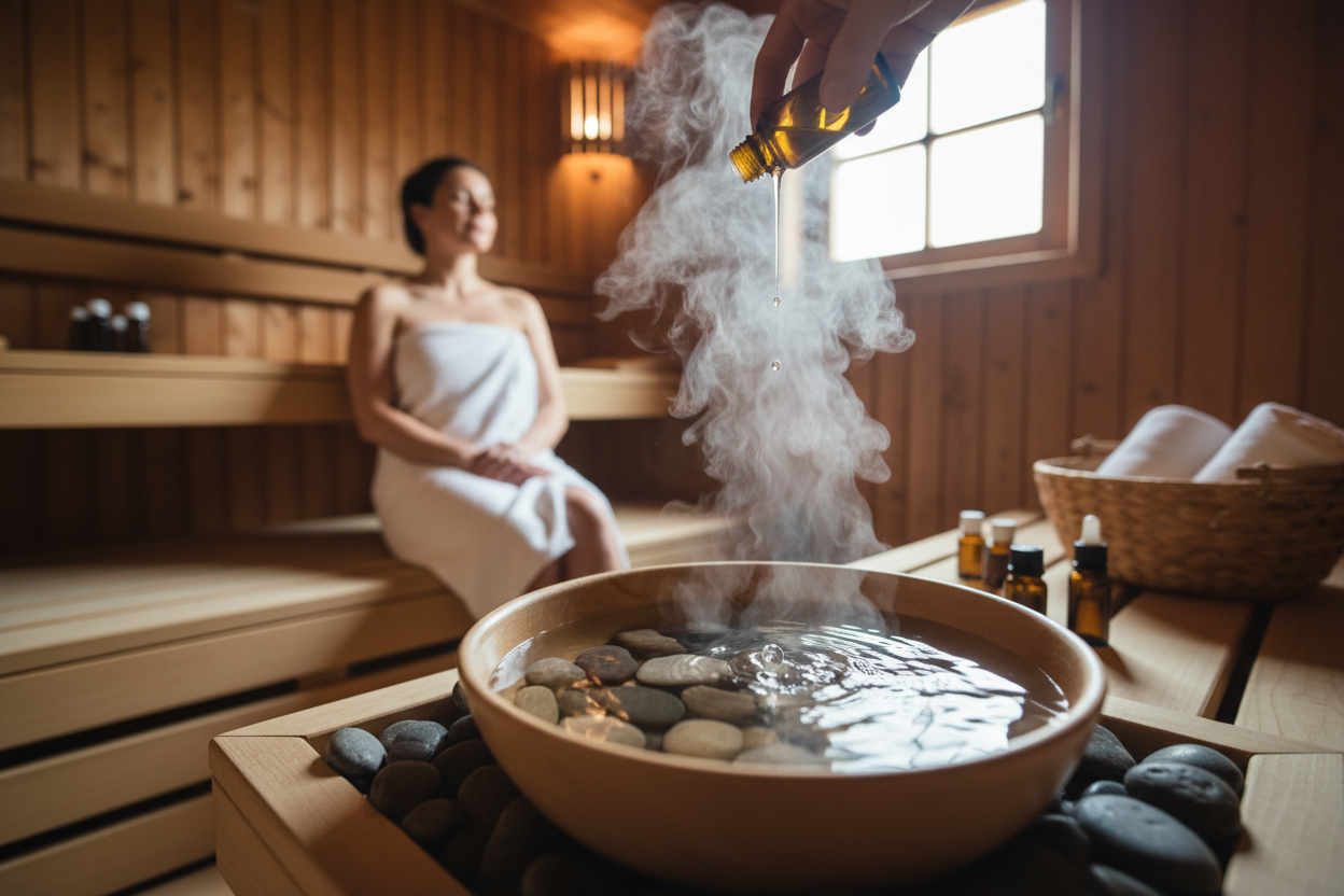Essential oils being used in sauna aromatherapy