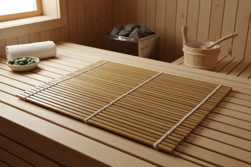 Bamboo mat on sauna floor showing drainage design