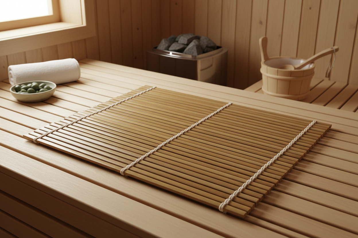 Bamboo mat on sauna floor showing drainage design