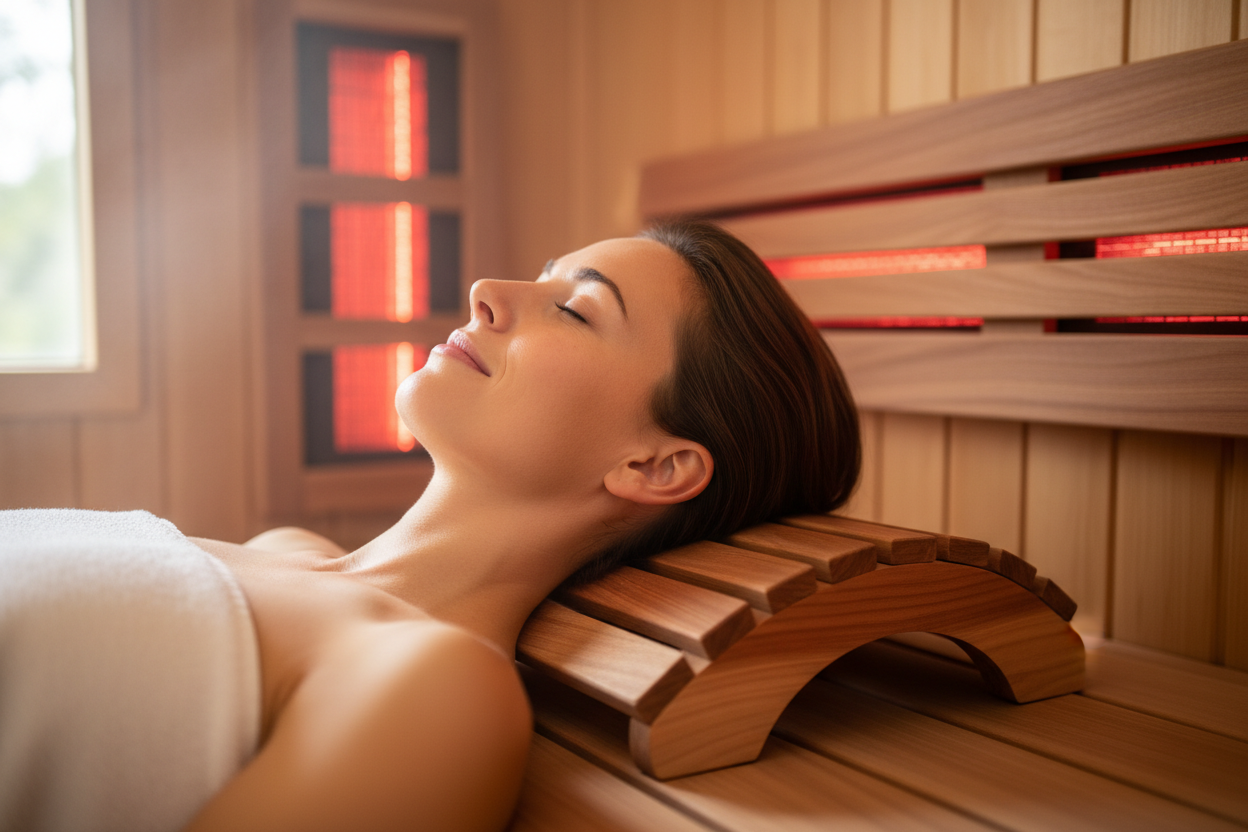 Cedar sauna headrest in use with person relaxing