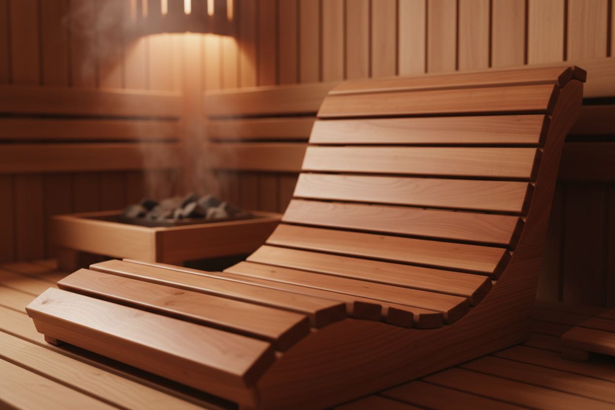 Luxury cedar sauna backrest with ergonomic lumbar support