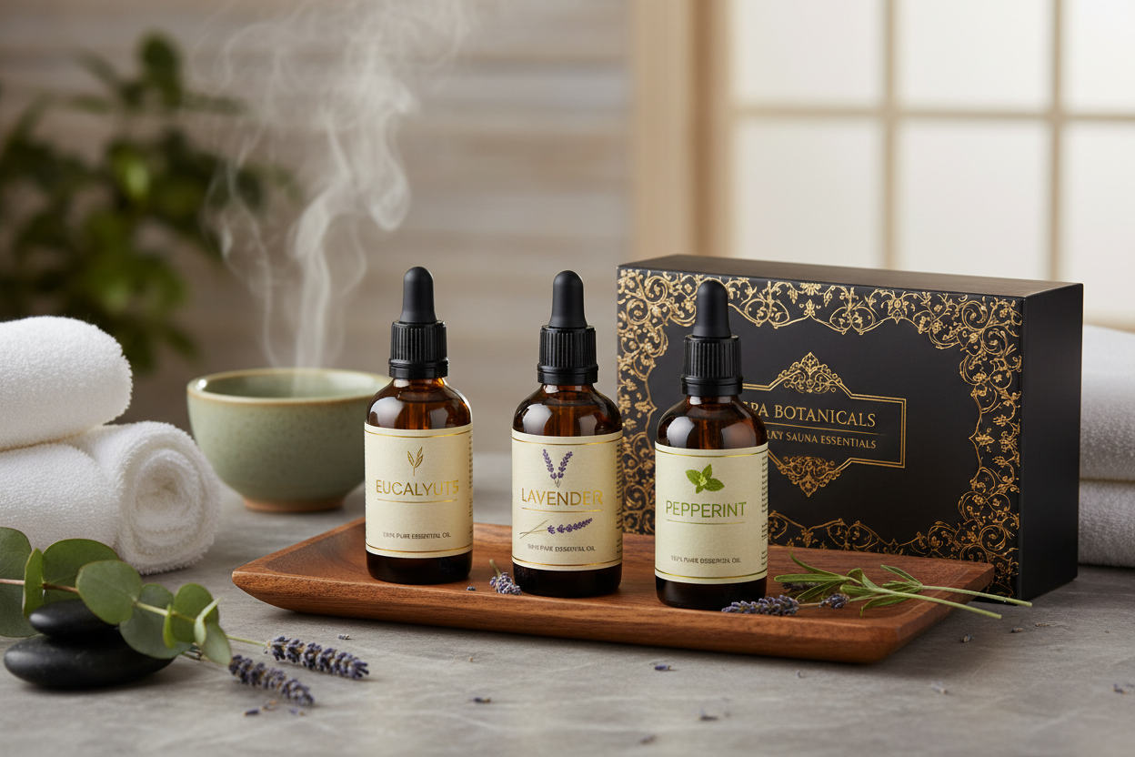 Therapeutic sauna essential oil set with amber glass bottles